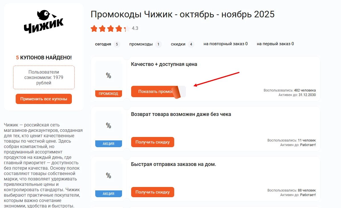 Промокоды Чижик на покупку
